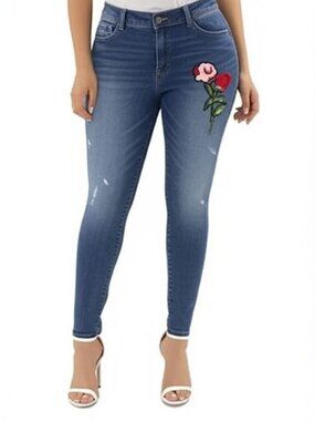 Rewash Juniors High Rise Skinny Jeans - Blue Floral Embroidery (Size 13/31)